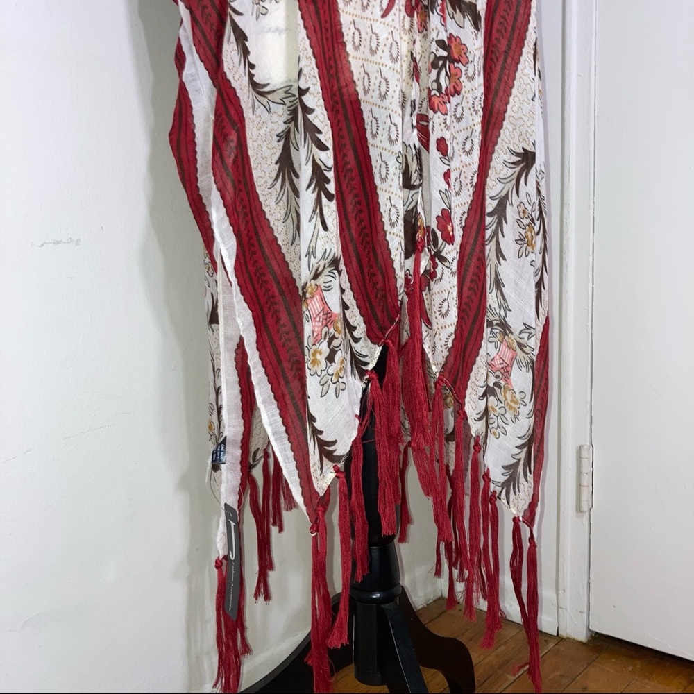 Floral Vase Botanical Flowers Print Sheer Cover Up with Fringe Red Stripes NWT - Picture 7 of 9